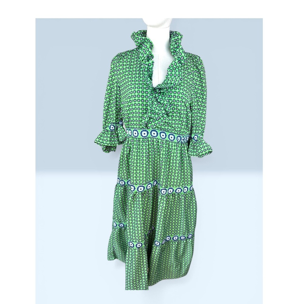 Gretchen Scott SZ Med The Posh Foulard Green Medallion Ruffle V-Neck Maxi dress - Picture 2 of 15